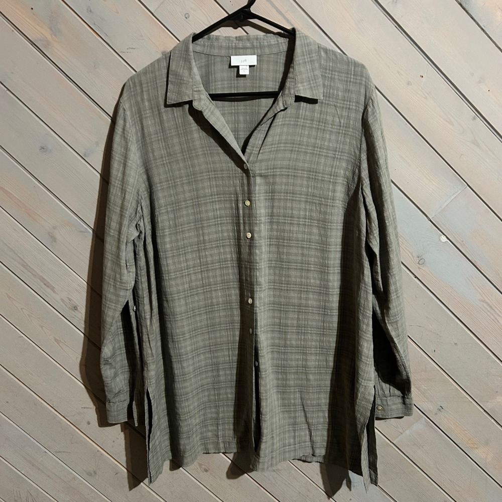 J Jill Gray Plaid Long Sleeve Button‎ Up Shirt Women's Size L